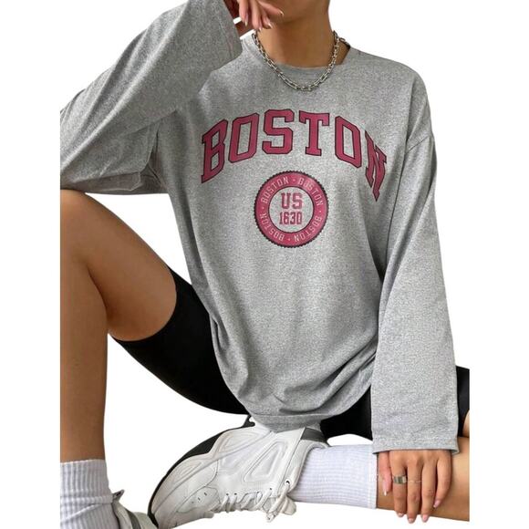 Shein Women's Small Gray Red Long Sleeve Round Neck "Boston" Graphic Tee - Picture 1 of 7